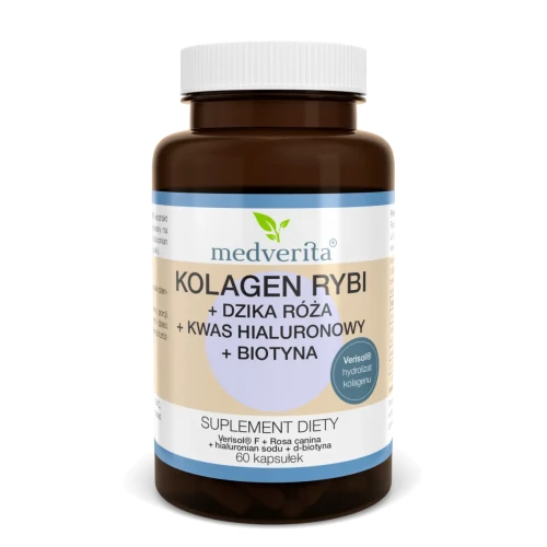 Kolagen rybi + dzika róża + kwas hialuronowy + biotyna 120kaps/49,8g Medverita
