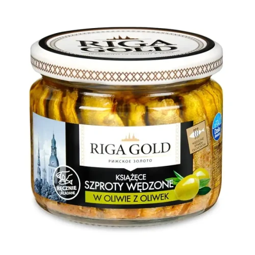Szproty wędzone w oliwie oliwek  w słoiczku 270g Riga Gold szkło