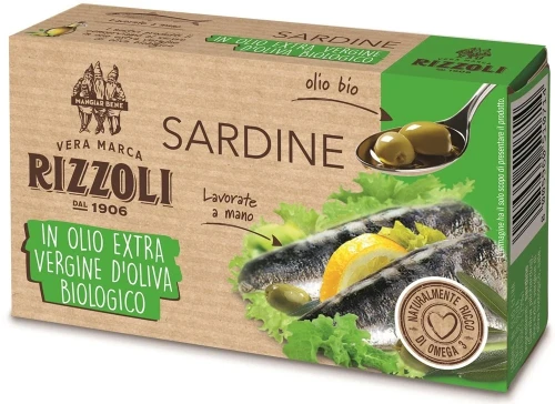 Sardynki w ekologicznej oliwie z oliwek extra virgin BIO 120g/85g Rizzoli