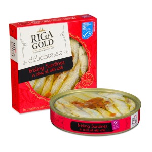 Brisling (sardynka norweska) w oliwie z oliwek z chili 120g/84g puszka Riga Gold