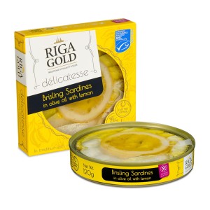 Brisling (sardynka norweska) w oliwie z oliwek z cytryną 120g/84g puszka Riga Gold