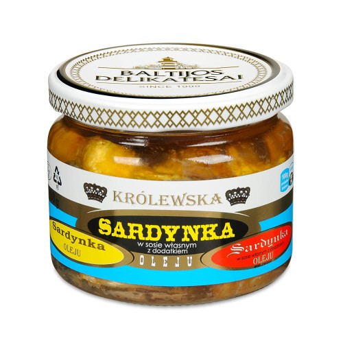 Sardynka królewska w sosie własnym z dodatkiem oleju 280g  szkło Riga Gold