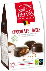 Belgijskie czekoladki z karmelem i solą morską bezglutenowe BIO 100g Belvas Fair Trade