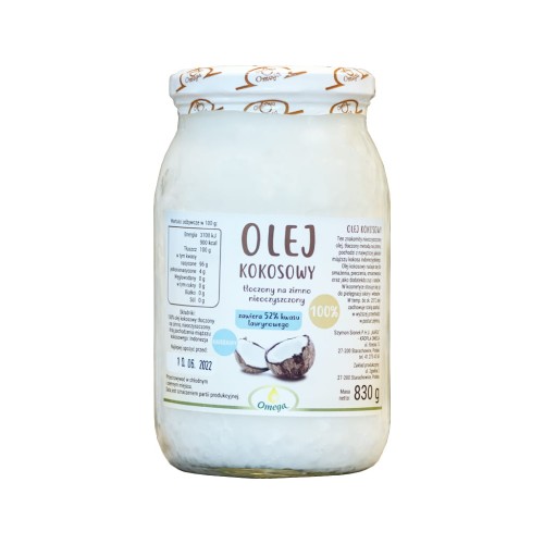Olej kokosowy tłoczony na zimno mi. 52% kw. laurynowego 900 ml KROPLA OMEGA