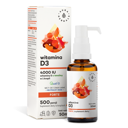 Witamina D3 krople 50ml 4000IUx500 kropli w oleju MCT  Aura Herbals