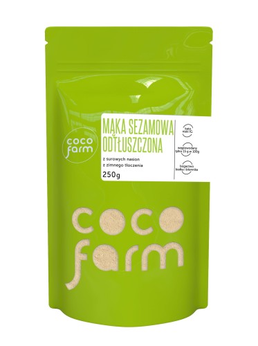 Mąka sezamowa z odtłuszczonych nasion białego sezamu bezglutenowa 250g CocoFarm 