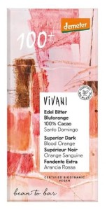 Czekolada gorzka 100+ o smaku czerwonej pomarańczy Demeter BIO 90g Vivani