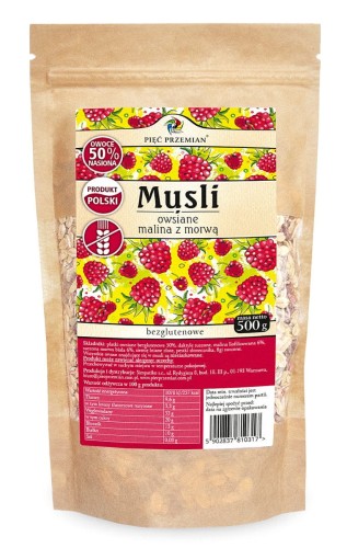 Musli owsiane bezglutenowe malina z morwą 500g Pięć Przemian