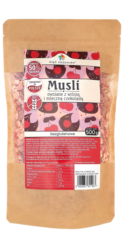 Musli owsiane bezglutenowe wiśnia z czekoladą mleczną 500g Pięć Przemian