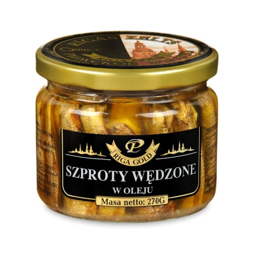 Szproty książęce wędzone w oleju w słoiczku  275g  Riga Gold