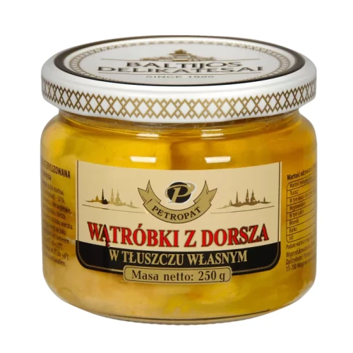  Wątróbki z dorsza w tłuszczu własnym  szkło 250g Baltijos Delikatesai