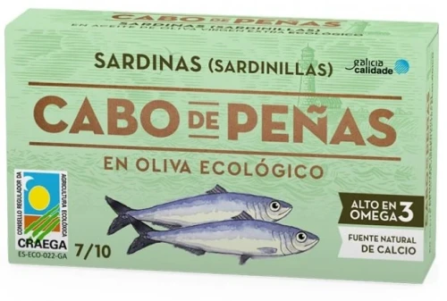 Sardynki MINI hiszpańskie w oliwie z oliwek BIO 62g Cabo De Penas