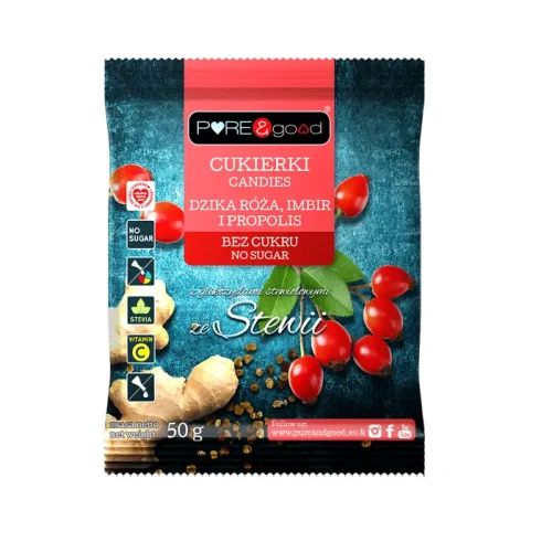 Cukierki dzika róża imbir propolis ze stewią bez dodatku cukru 50g PureGood